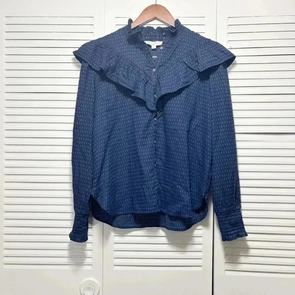 NWT LOFT Navy Blue White Pattern Cotton Long Sleeve Ruffle Button Up Blouse S - Picture 1 of 7